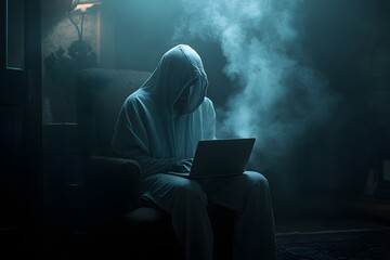 Dark room with hooded figure and glowing laptop