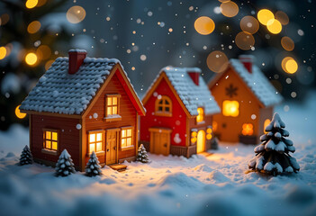 Landscape with miniature houses with lit windows, keys, and a blurred background, festive atmosphere and holiday lights