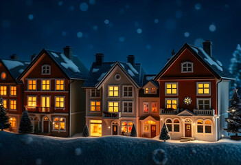 Landscape with miniature houses with lit windows, keys, and a blurred background, festive atmosphere and holiday lights