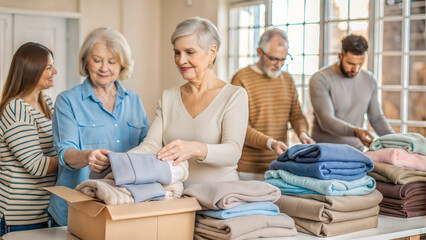 Group of elderly women sorting folded clothes for charity donations in community center