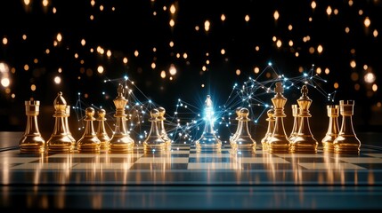 A golden chessboard features prominent pieces connected by glowing blue lines, emphasizing strategic concepts in a digital space