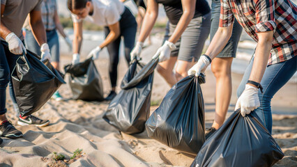 Volunteers cleaning up beach area by collecting trash in black garbage bags