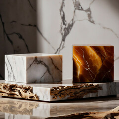 Two geometric podiums made of white and amber marble for advertising cosmetic products skin care. 3D illustration.