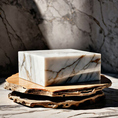 White marble podium on wooden stand with shadow on wall. 3D illustration.