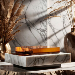 3D Geometric podium white marble with dry herbs in vases on the sides. Advertisement cosmetic product presentation. 3D illustration