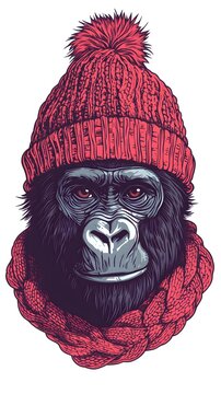 recommend clip art: Gorilla head in hat - outline cut out silhouette. Ape, monkey head in knitted hat character mascot
                    