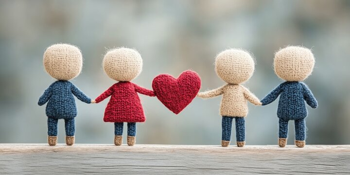 Four handmade dolls holding a red heart standing together on a wooden surface in soft colors showcasing love and friendship in a simple and charming style - Powered by Adobe