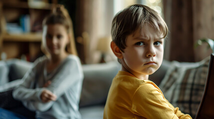 A frustrated mother and her frowning preschooler sitting back to back, with the mother looking worried and the child feeling upset. A depiction of communication challenges between parent and child.