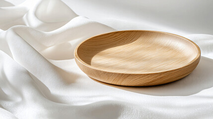 a wooden plate gently set on white linen, blending an earthy, neutral wedding look in beige tones 