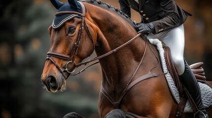 Equestrian rider on brown horse in dressage competition, close-up on head and reins, horse-riding sport, show jumping, animal focus, horse tack, equestrian elegance