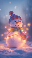 Obraz premium A joyful snowman wrapped in twinkling lights stands in a snowy landscape at dusk, wearing a striped scarf and beanie. The soft blue and purple sky enhances the magical glow of the lights on the snow.