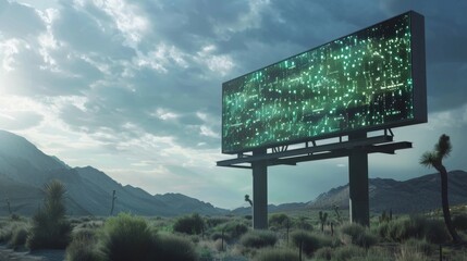 A billboard in a remote location displaying a scavenger hunt game where players must locate hidden objects using their devices GPS and 5G technology.