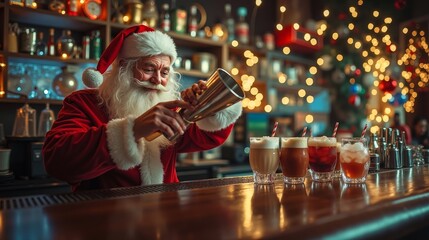 A man in a santa claus outfit is making a drink at a bar