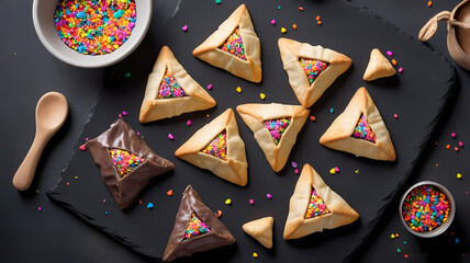 Hamantaschen with Sprinkles and Chocolate on Black Slate