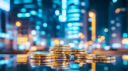 Golden Coins Cityscape Reflection