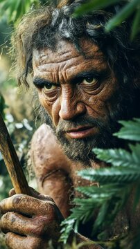 Primeval caveman hunter holding spear looking around jungle