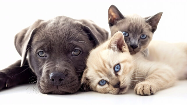 A funny Labrador puppy and a Scottish Straight cat lying together, isolated on a white background