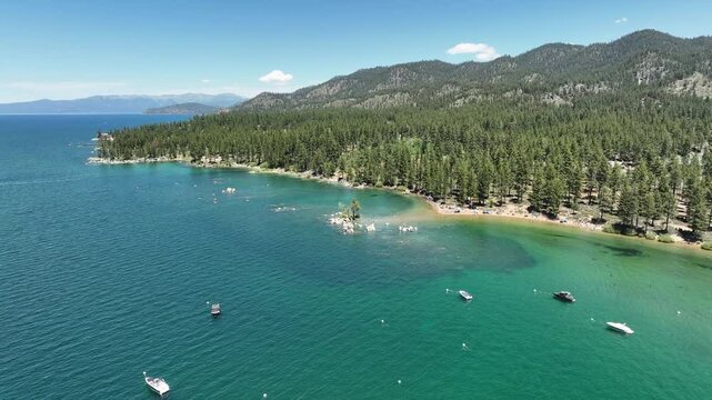 Lake Tahoe Aerial Shot of Zephyr Cove Forward Tilt Down Nevada USA
