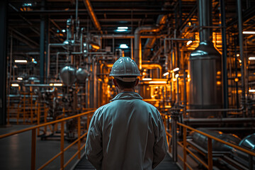 Fototapeta premium worker in safety helmet stands in high tech fuel refinery plant, surrounded by intricate piping and machinery. warm glow of industrial lights creates dynamic atmosphere