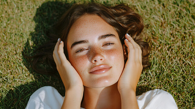 a woman laying on the grass in a relaxed pose, her hands gracefully framing her face