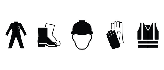 Set of work warning icons, protective equipment, safety symbols, work safety signs, Work Safety icons set. Protective clothing, Safety Shoes, Hard Hat, Gloves and work vest in transparent background.