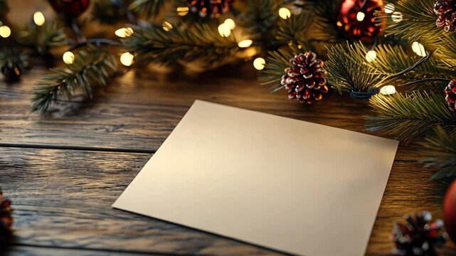 Mockup of a blank holiday letter on a wooden desk, surrounded by pine needles, ornaments, and a glowing Christmas tree. . Video