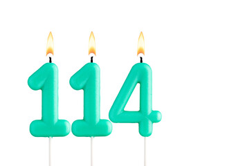 Green birthday candle on white background - Candle number 114