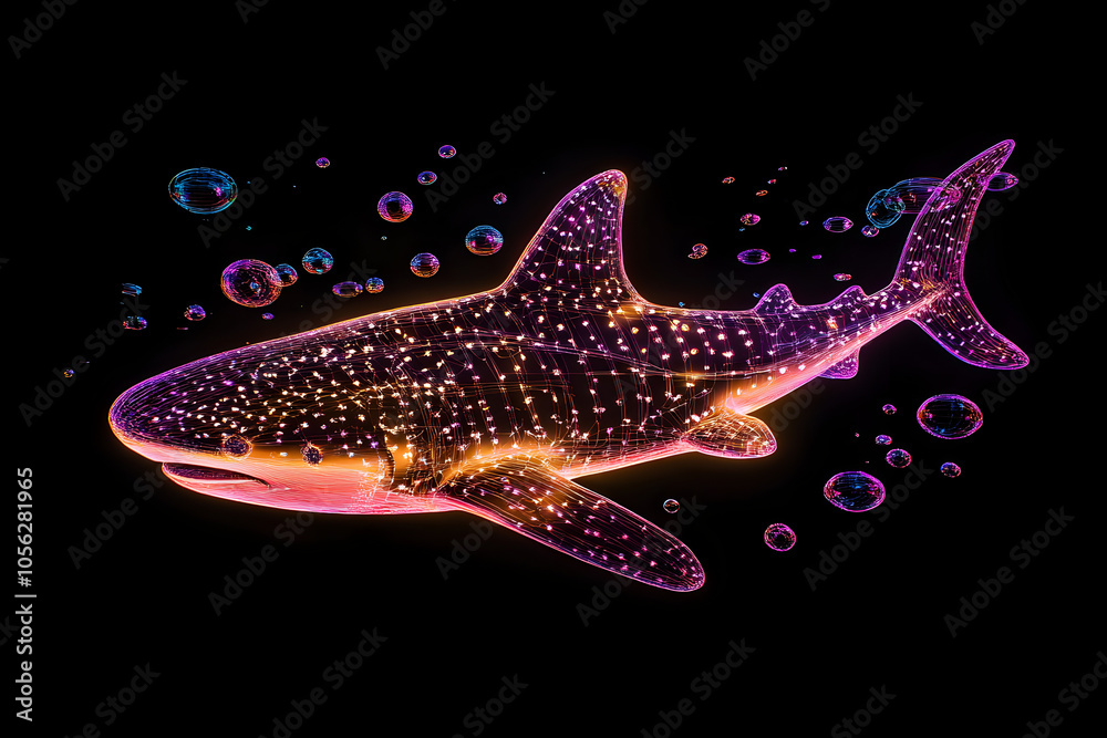 Wall mural neon wireframe structure of a majestic whale shark surrounded by neon bubbles isolated on black back