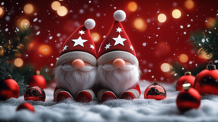 Christmas gnomes in red Santa hat with tree decoration with copy space