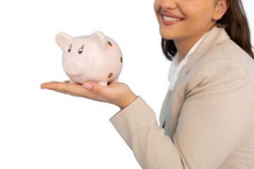 Creative Latina entrepreneur with a piggy bank