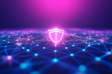 Obraz premium Dynamic Cyber Shield Symbolizing Strength and Security in Deep Purple and Blue Hues