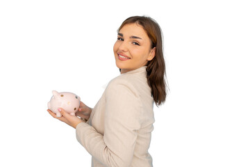 Creative Latina entrepreneur with a piggy bank