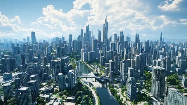 Drone shot aerial pushing over generic crowded futuristic city resembling Tokyo on a partially cloud day.