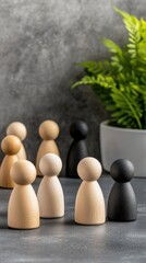 A lineup of wooden figures with speech bubbles illustrates community communication and interaction ideas on a gray backdrop