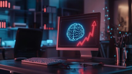 Fototapeta premium Business Mindset Business desk with ascending arrow and brain hologram, strategic mindset, 3D illustration