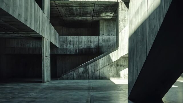 Brutalist research facility with a monolithic concrete structure, deep shadows, and a minimalist, industrial design. . Video