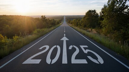 Empty road leading to the year 2025 at sunset.