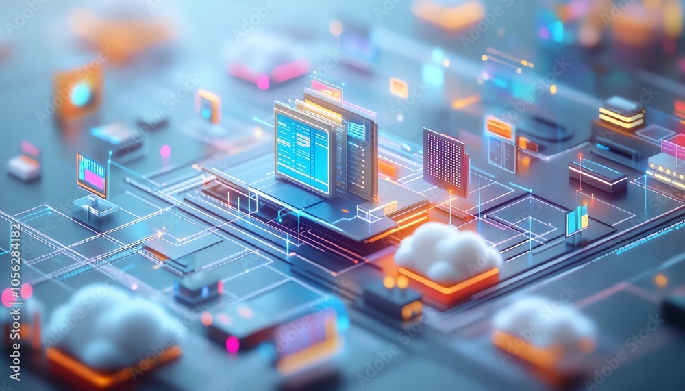 Poster Captivating 3D rendering of a virtual network showcasing digital document management, with interactive icons representing documents, clouds, and data sharing capabilities