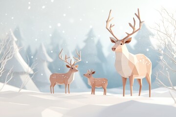 Serene Low Poly Reindeer Family in Pastel Snowy Landscape Evoking Heartwarming Calmness