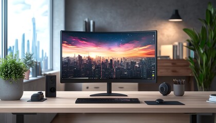 Fototapeta premium Captivating 3D rendering of a side view workspace featuring a modern computer monitor on a light wooden table, surrounded by stylish accessories and a cityscape view