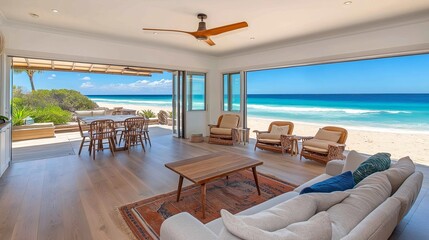 Fototapeta premium Living room with stunning ocean views, wood floors, and large windows.