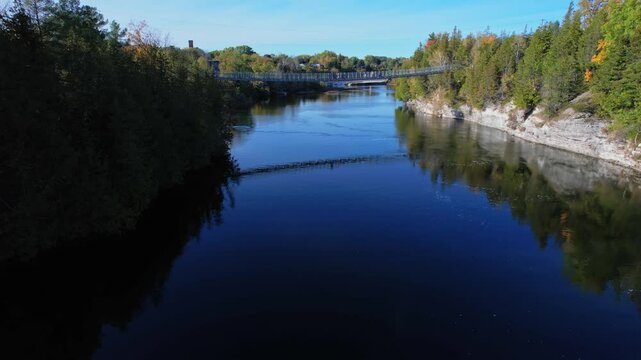 Ranney Gorge Suspension Bridge in Campbellford, part of the Great Trail. Longest recreational trail in the world. Trent River below and Ranney Falls to the north. Ferris Provincial Park Entrance.