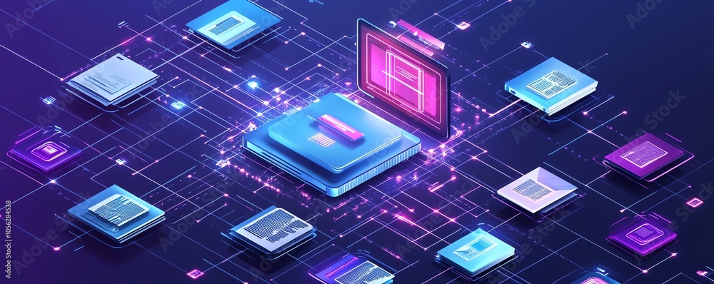 Leinwandbilder Dynamic 3D visualization of digital document management systems operating within a virtual network