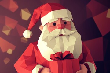 Cheerful Low Poly Santa Claus HoldingGift inJoyful Festive Atmosphere