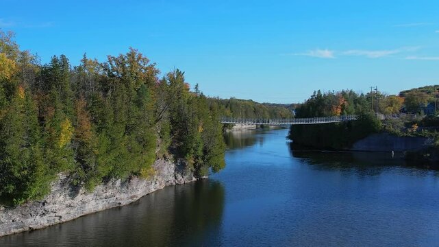 Ranney Gorge Suspension Bridge in Campbellford, part of the Great Trail. Longest recreational trail in the world. Trent River below and Ranney Falls to the north. Ferris Provincial Park Entrance.