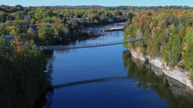 Ranney Gorge Suspension Bridge in Campbellford, part of the Great Trail. Longest recreational trail in the world. Trent River below and Ranney Falls to the north. Ferris Provincial Park Entrance.