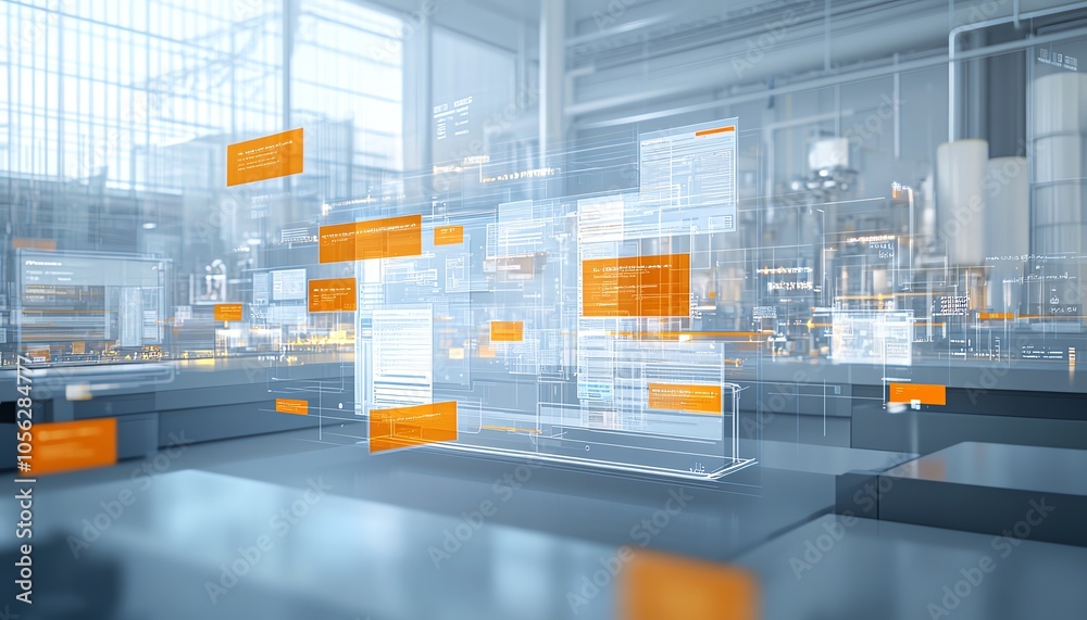 Poster Engaging 3D visualization of a digital document management interface within a virtual network, emphasizing the organization, retrieval, and sharing of digital files