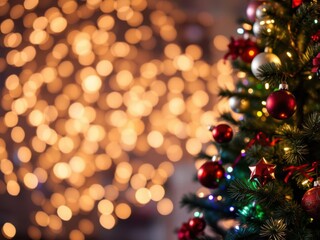 Christmas tree background with colorful ornaments and twinkling lights, winter, background