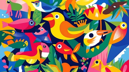 Fototapeta premium A vibrant, colorful pattern featuring stylized birds, fish, and leaves on a dark blue background.