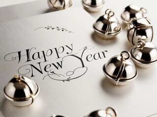 New Year card, silver bells on a silver background, Happy New Year